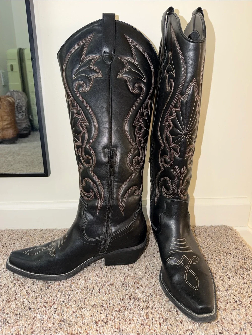 a new day Black Over-the-Knee Western Boots with Brown Embroidery